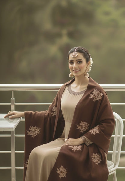 Warm mocha viscose frock with dark brown embroidered pashmina shawl - front view